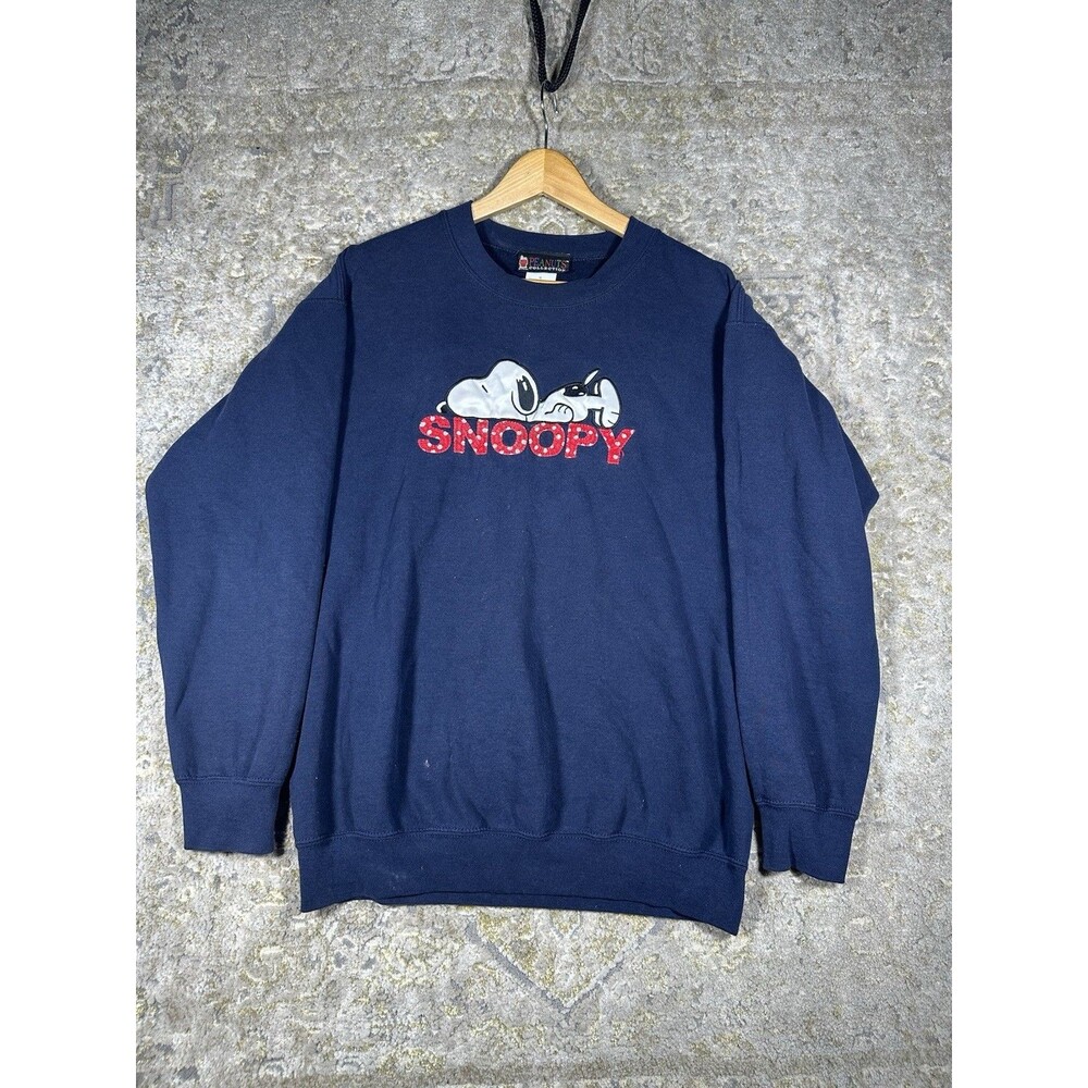 VTG 90s Peanuts Collection Snoopy Sweatshirt Navy Blue Polka Dot Spellout Size M